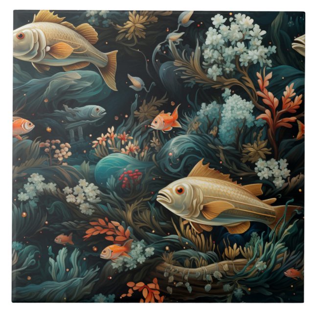 Golden Fish and Teal Underwater Botanicals Ceramic Tile (Front)