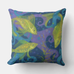 Golden Fishes, Pisces, fish, nautical underwater Outdoor Cushion