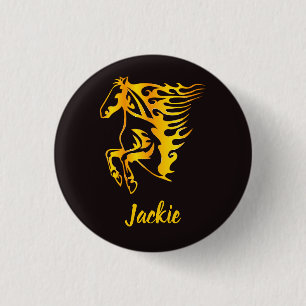 Golden flame horse with custom name 3 cm round badge