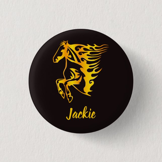 Golden flame horse with custom name  3 cm round badge (Front)