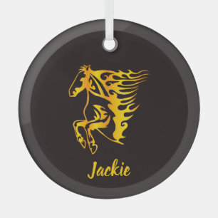 Golden flame horse with custom name  glass tree decoration