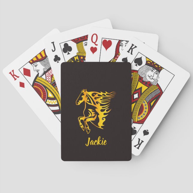 Golden flame horse with custom name  playing cards (Back)