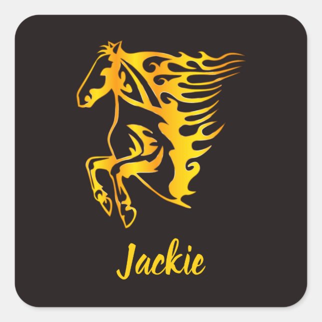 Golden flame horse with custom name  square sticker (Front)