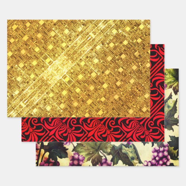 Golden Flare, Crimson Nouveau, and Grapes & Vines Wrapping Paper Sheet (Set)