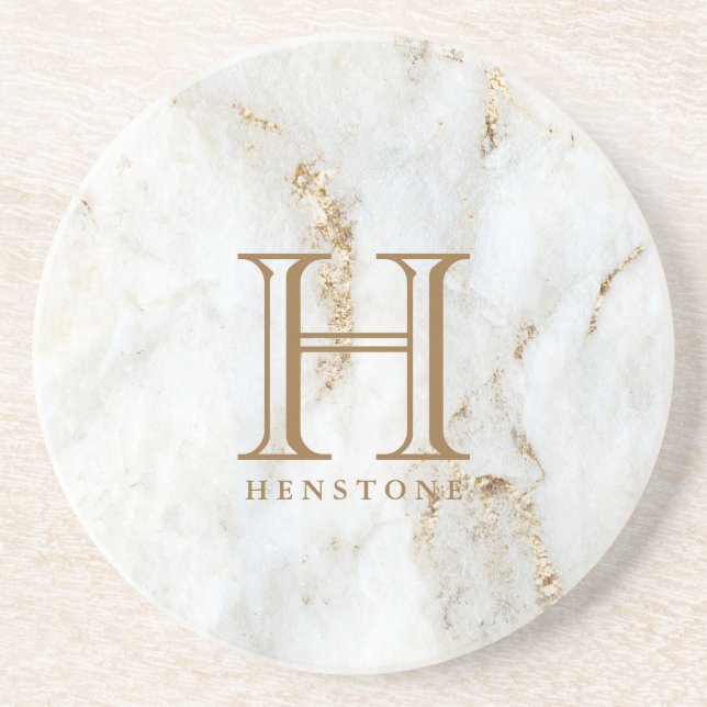 Golden Flecked White Marble Monogram Coaster (Front)