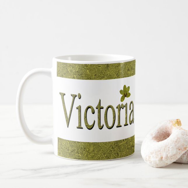 Golden Flecks Victoria Name Design, Coffee Mug (With Donut)