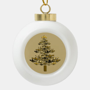 Golden Fleur de Lis Christmas Tree on Champagne Ceramic Ball Christmas Ornament