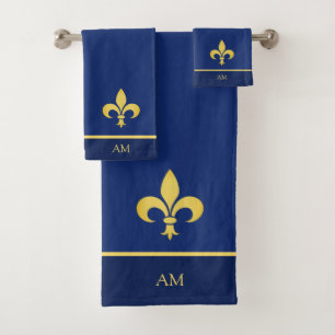 Golden Fleur de Lis & Monogram on Navy Blue Bath Towel Set