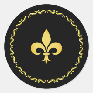 Golden Fleur de Lis on Black  Classic Round Sticker