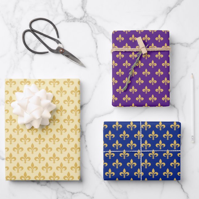 Golden Fleur de Lis on Blue, Golden & Purple Wrapping Paper Sheet (Front)