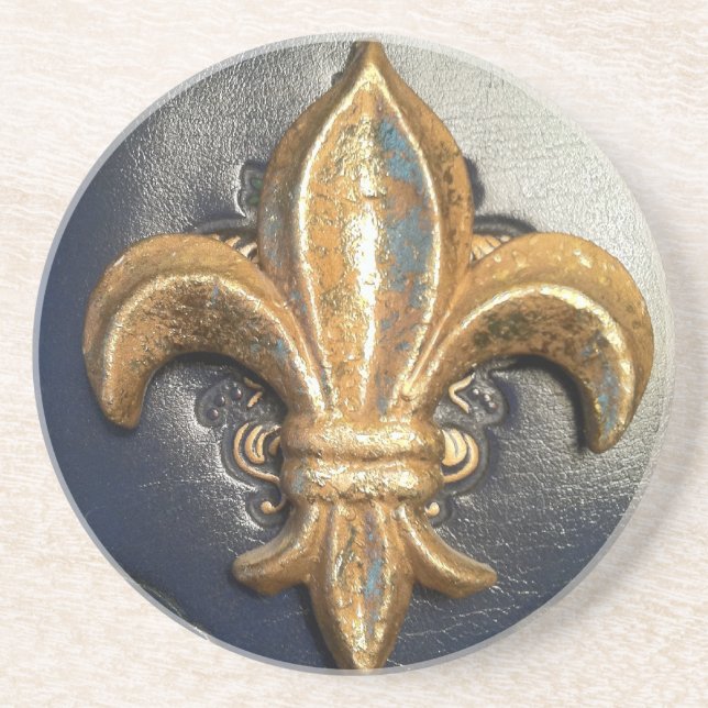 Golden Fleur de lis on blue print Coaster (Front)