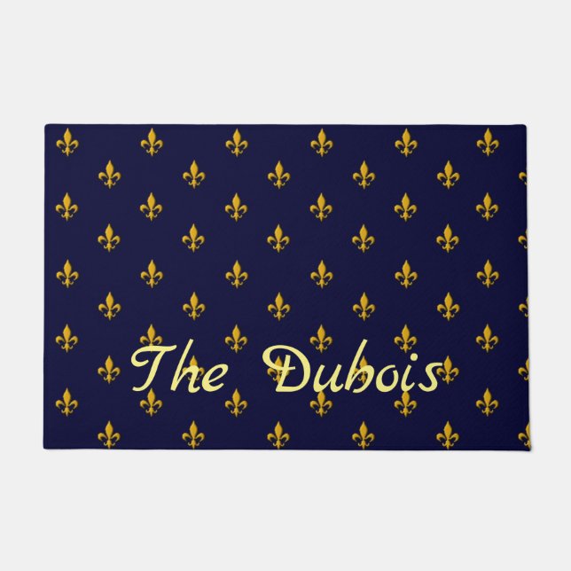 Golden Fleur de Lis on Navy Blue Doormat (Front)