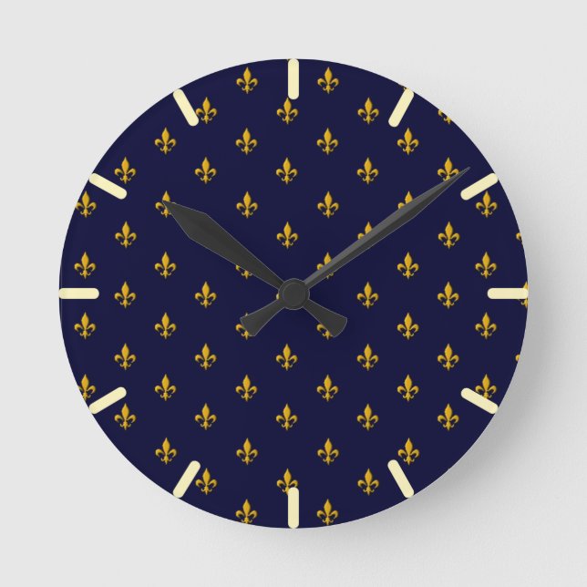 Golden Fleur de Lis on Navy Blue Round Clock (Front)