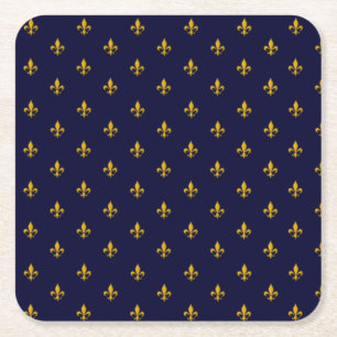 Golden Fleur de Lis on Navy Blue Square Paper Coaster