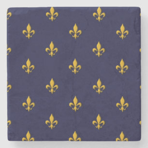 Golden Fleur de Lis on Navy Blue Stone Coaster