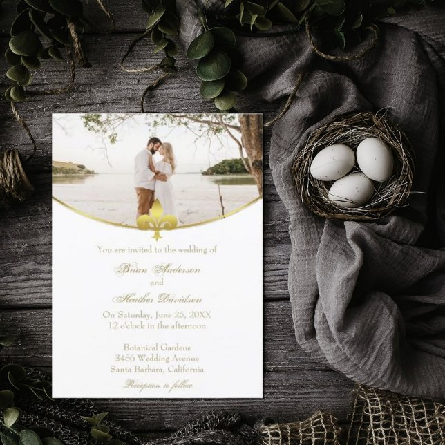 Golden Fleur de Lis Photo Wedding Invitation (Creator Uploaded)