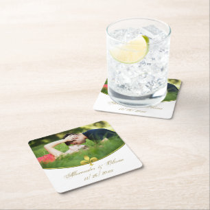 Golden Fleur de Lis Photo Wedding Paper Coasters