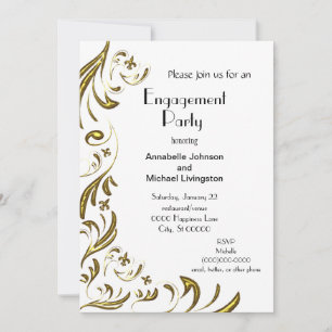 Golden Fleur de Lis Vine Engagement Party on White Invitation