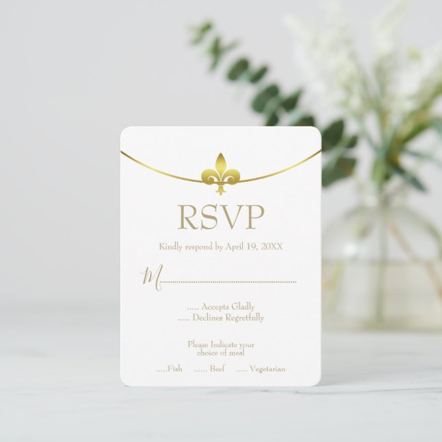 Golden Fleur de Lis Wedding RSVP Card (Standing Front)