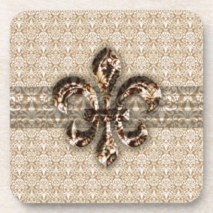 Golden Fleur De Lis with Cream Damask Pattern Coaster