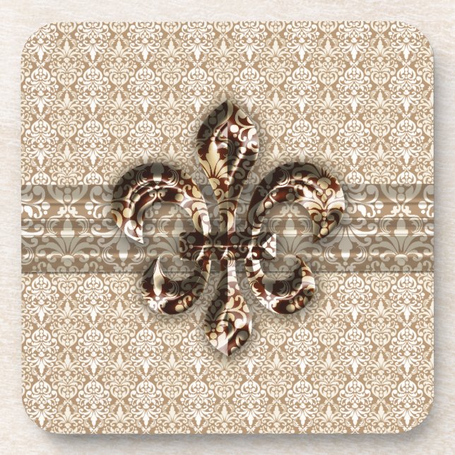 Golden Fleur De Lis with Cream Damask Pattern Coaster (Front)