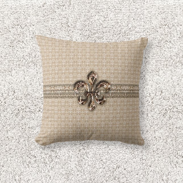 Golden Fleur De Lis with Cream Damask Pattern Cushion (Creator Uploaded)