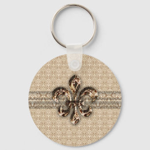 Golden Fleur De Lis with Cream Damask Pattern Key Ring