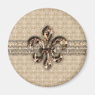 Golden Fleur De Lis with Cream Damask Pattern Magnet