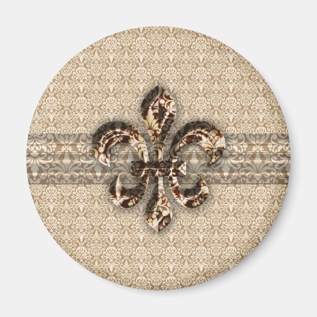 Golden Fleur De Lis with Cream Damask Pattern Magnet (Front)