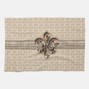 Golden Fleur De Lis with Cream Damask Pattern Tea Towel