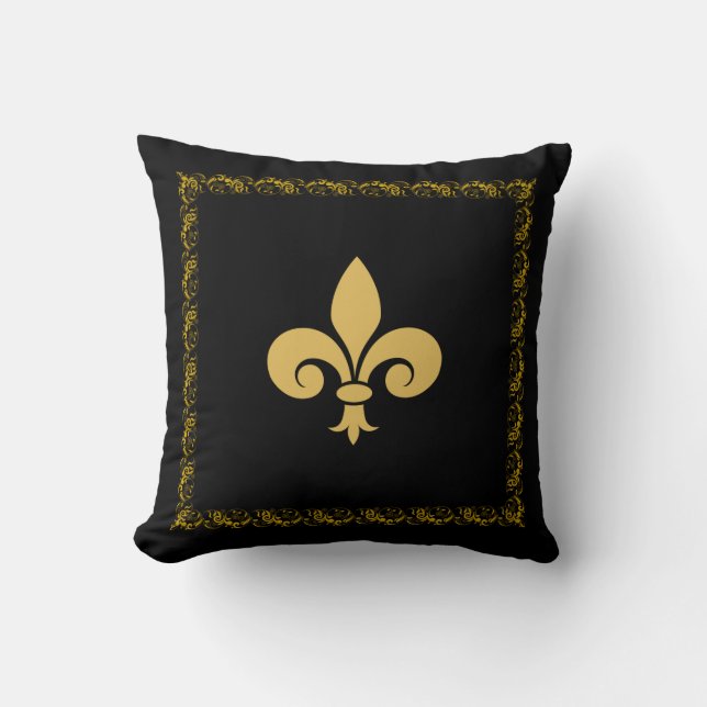 Golden Fleur de Lis with Floral Frame on Black Cushion (Front)