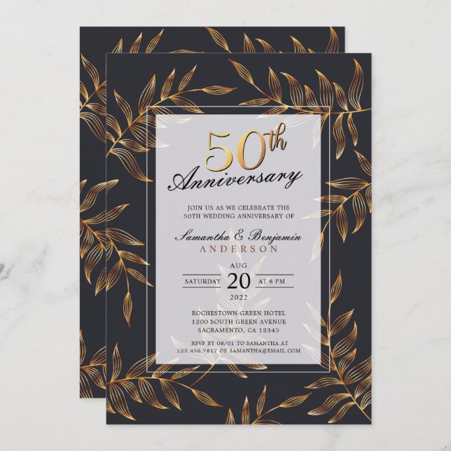 Golden Floral 50th Wedding Anniversary Invitation (Front/Back)