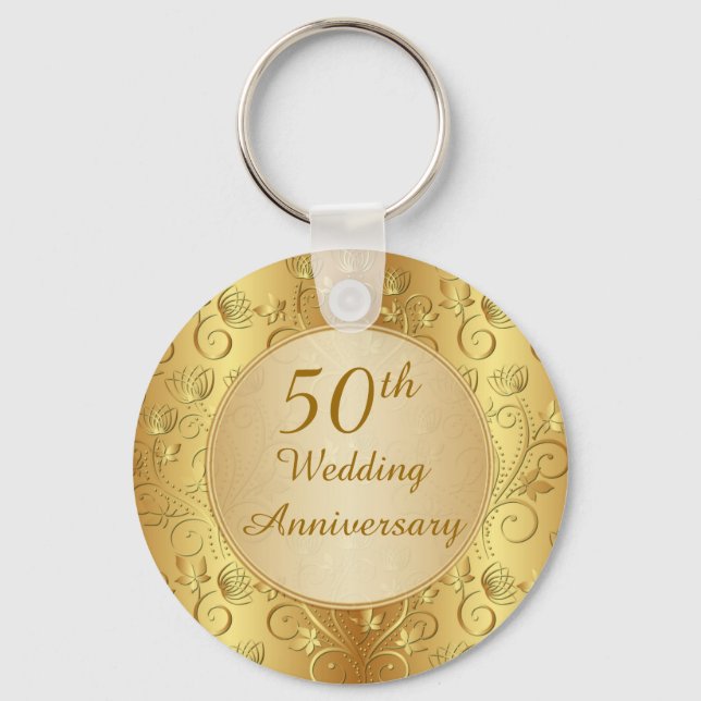 Golden floral 50th Wedding Anniversary Keychain (Front)