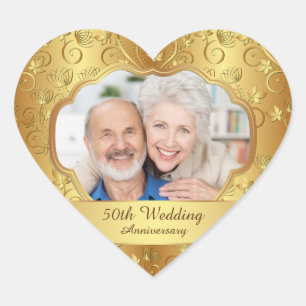 Golden floral 50th Wedding Anniversary Photo Heart Sticker