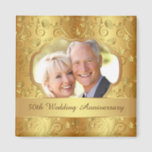 Golden floral 50th Wedding Anniversary Photo Magnet<br><div class="desc">50th Wedding Anniversary photo magnet with golden floral pattern and swirls</div>