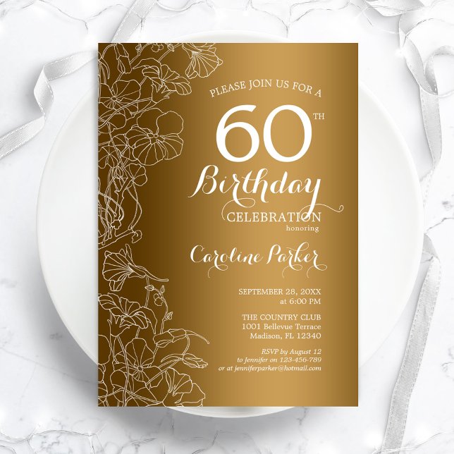 Golden Floral 60th Birthday Party Invitation (Creator Uploaded)