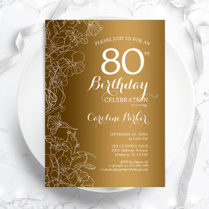 Golden Floral 80th Birthday Party Invitation