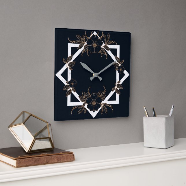Golden Floral Black Elegant Pattern Square Wall Clock (Office)