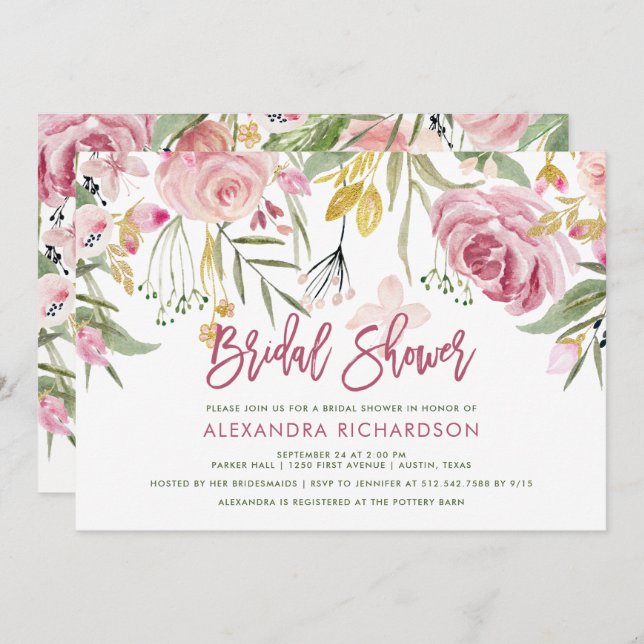 Golden Floral Blush Pink Watercolor Bridal Shower Invitation (Front/Back)