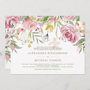 Golden Floral Blush Pink Watercolor Wedding Invitation