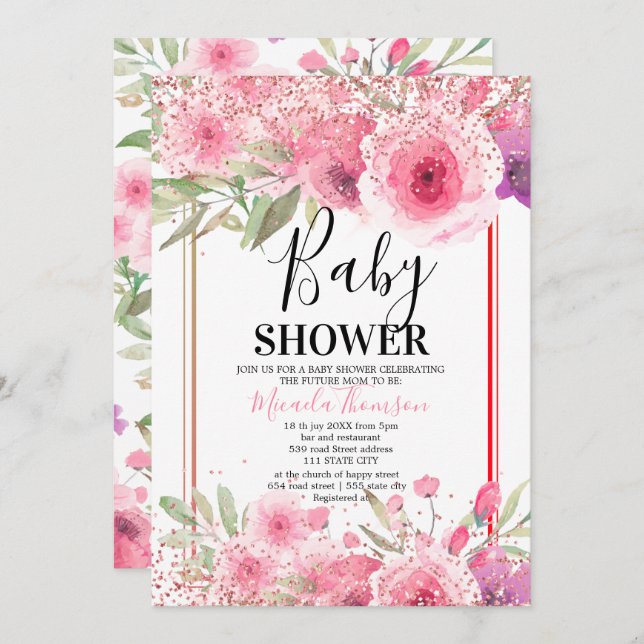 Golden floral cake for baby shower invitation (Front/Back)