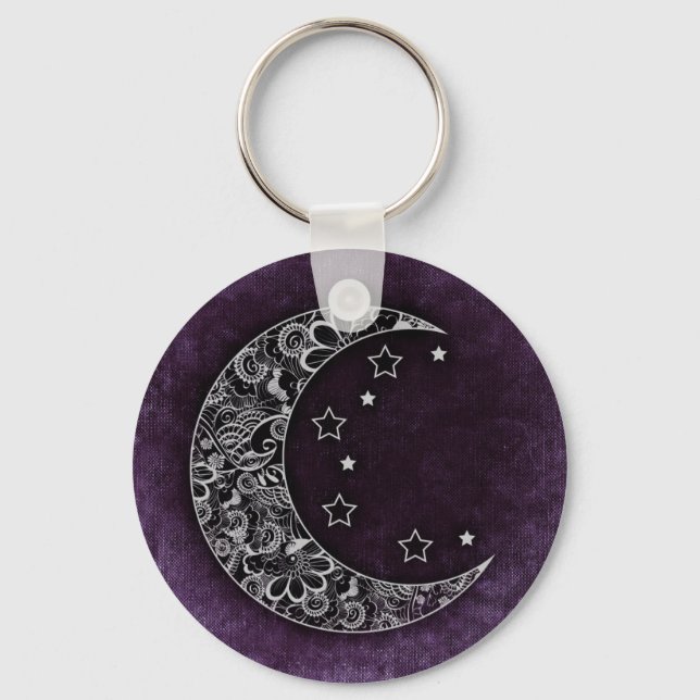Golden Floral Crescent Moon and Stars on Purple Key Ring (Front)