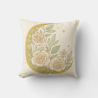 Golden Floral Crescent Moon – Elegant Botanical Cushion