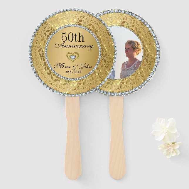Golden Floral Damask Anniversary  Hand Fan (Front and Back)