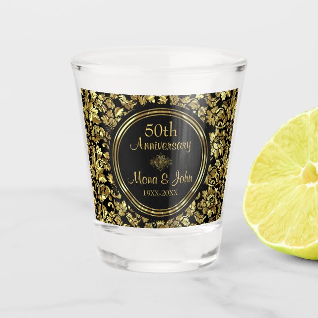 Golden Floral Damask Anniversary  Shot Glass (Front)