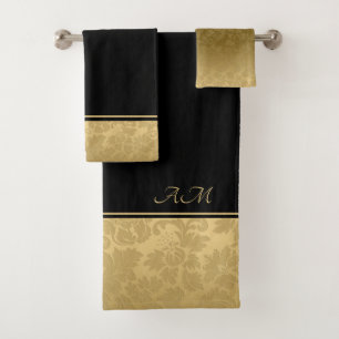 Golden Floral Damask Bath Towel Set