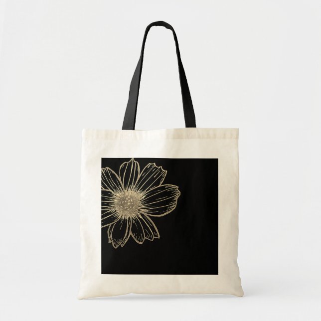 Golden Floral design Black and white Tote Bag (Front)