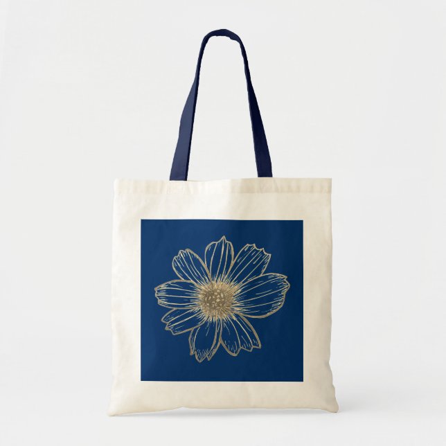 Golden Floral design Navy Blue Tote Bag (Front)