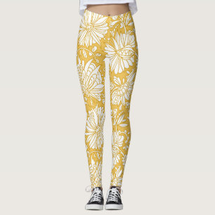 Golden floral doodle, abstract hand-drawn leggings