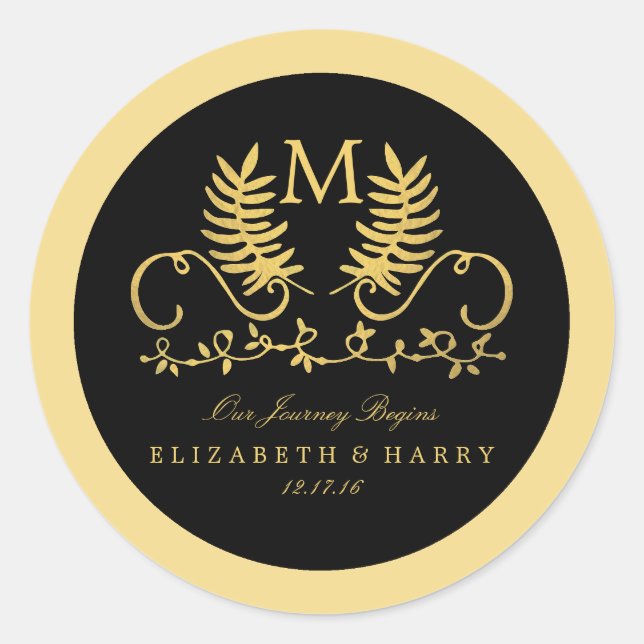 Golden Floral Emblem Wedding Classic Round Sticker (Front)